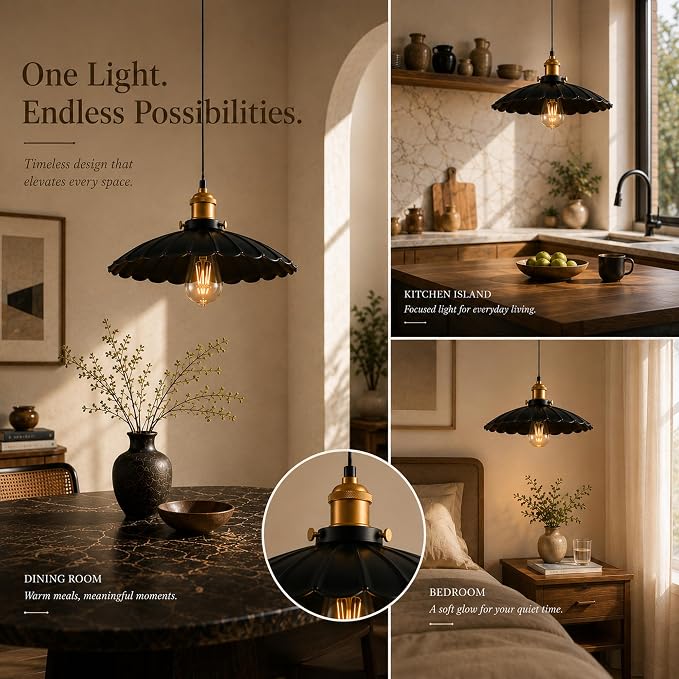 Vintage Scalloped Plug in Pendant Light, Black 13.8 Inch Farmhouse Hanging Lamp Plug in with On/Off Switch, Rustic Industrial Ceiling Light for Kitchen Island Dining Room Cafe