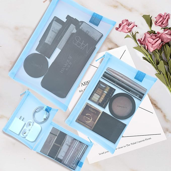 EASYFUN Mesh Pouch, Make up Bag with Zipper Cosmetic Organizer Pouch for Daily or Travel to Keep Small Items, 4 PCS Blue