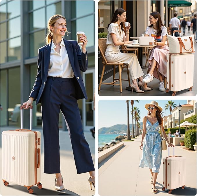 Hoteel Luggage Sets 3 Piece ABS+PC Hardside, 4-Year Warranty, Luggage Set with Spinner Wheels, TSA Lock, Lightweight Carry on Luggage, 20" Suitcase with Duffel & Organizer, Beige
