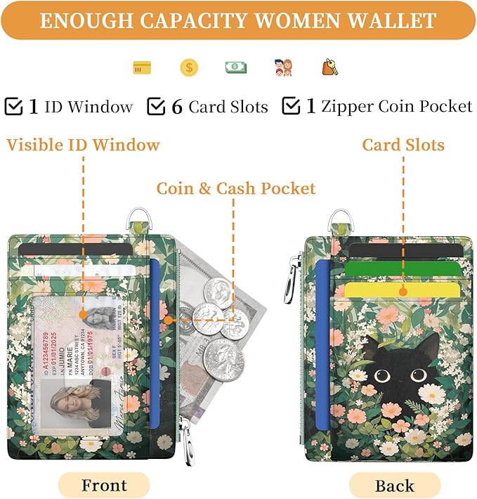 Hancynir Black Cat Floral Slim Wallet Women Credit Card Holder Small Cute RFID Blocking Front Pocket Wallet Wristlet Keychain Lanyard Card Case Thin Travel Zipper Coin PU Leather Ladies Female Gifts