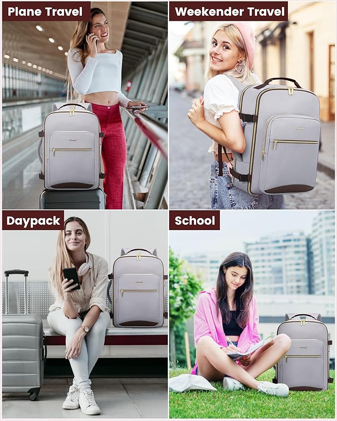 LOVEVOOK Travel Backpack for Women & Men 40L,Airline Approved Carry On Backpack Travel Essential,TSA Carry on Luggage,Personal Item Travel Bag,Suitcase with 3 Packing Cube,Light grey-Dark coffee color