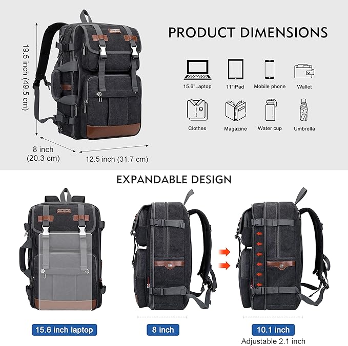 WITZMAN Canvas Travel Backpack for Men Large Laptop Backpack Fit 16 inch Carry-on Airline Approved Convertible Shoulder Rucksack(A6617-3 Black)