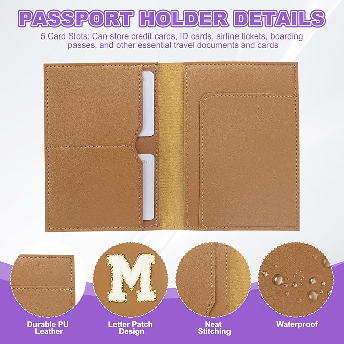 PATIKIL Passport Holder for Travel, Initial Passport Cover and Luggage Tag Set with Alphabet Chenille Letter Patch Travel Wallet Bag Suitcase Identifier for Women Family Travel Brown M