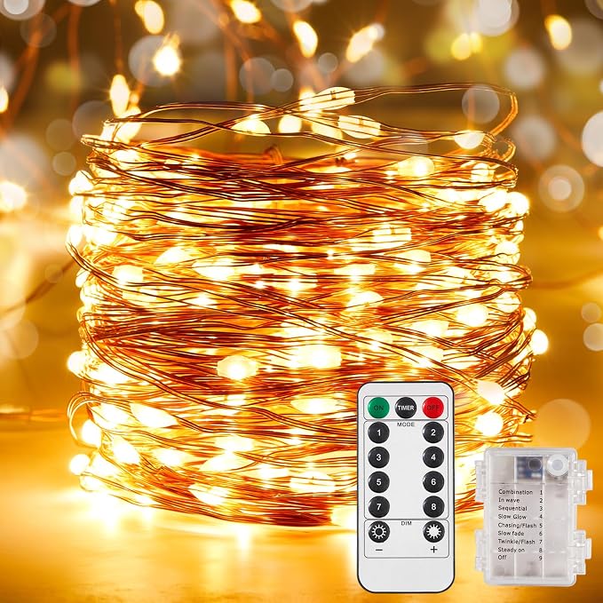 Ariceleo 2 Pack 65.6 Ft. Battery Operated Outdoor String Lights with Remote & Timer, LED Warm White Fairy Lights, Waterproof Twinkle Lights for Bedroom, Dorm, Mason Jar, Wedding, Party, Christmas