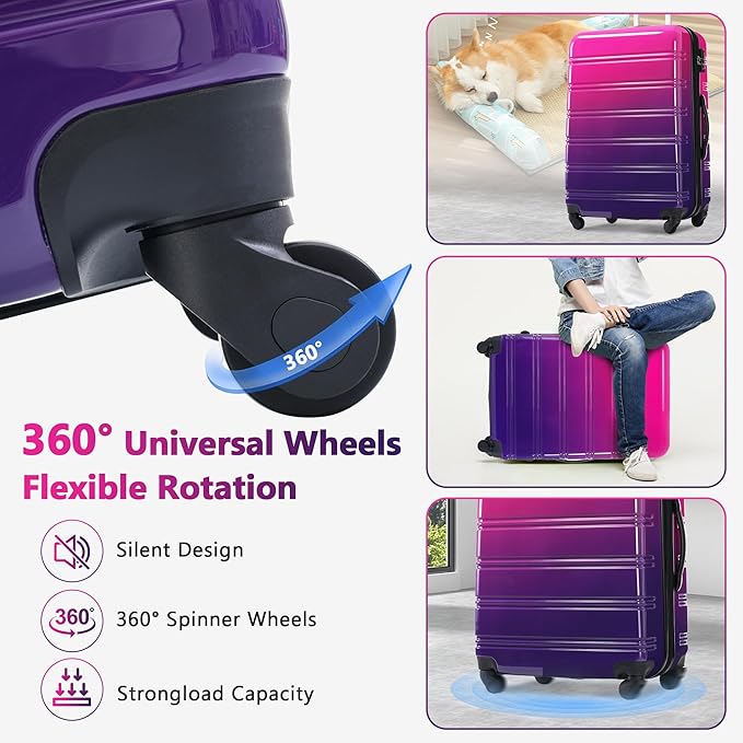 Merax Luggage Sets 3 Piece, Hardside Expandable Suitcase Set with Spinner Wheels, Lightweight Gradient 20+24+28 IN Suitcase with Carry on Luggage, Purple and Pink