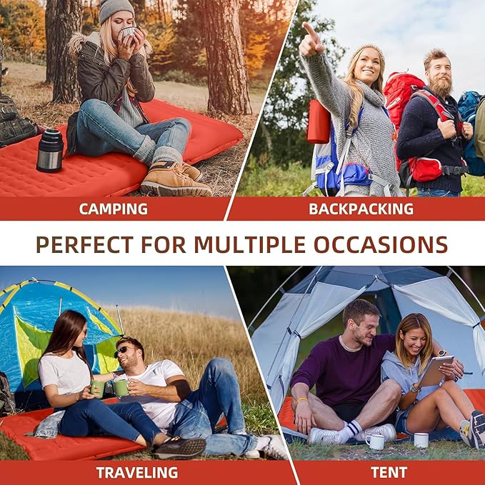Camping Sleeping Pad, Extra Thick 5 Inch Camping Mat with Pillow Built-in Foot Pump Inflatable Sleeping Pads Compact for Camping Backpacking Hiking Traveling Tent（Orange-Black）