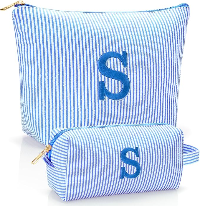 Personalized Initial Makeup Bag,Toiletry Travel Cosmetic Bag,Trendy Stuff for Teen Girls and Women,Holiday & Birthday Gift,2 Pack (S, Blue)