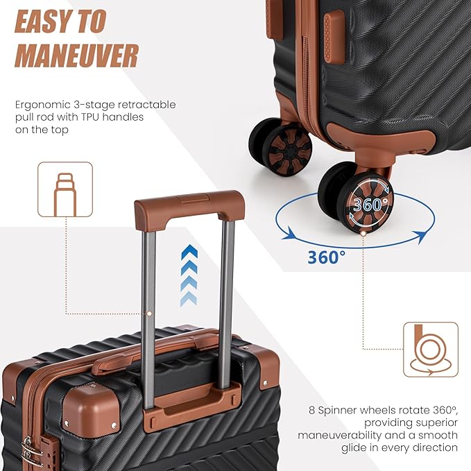 Carry On Luggage 22x14x9 Airline Approved, Hardside 20 Inch Carry on Suitcases with Wheels, Hard Shell ABS Lightweight Carry on Luggage Set, Travel Suitcase Set with TSA Lock, Black