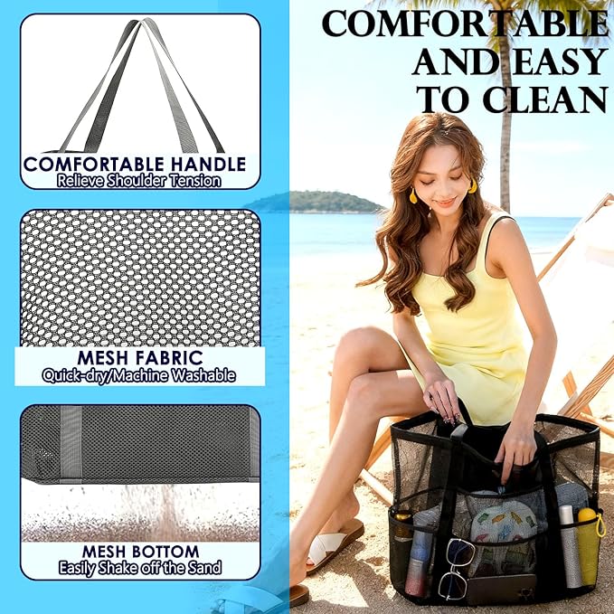 Fammart Mesh Beach Bag, Large Beach Tote with Zipper Pocket, Toys Pool Bag for Family Travel Vacation Cruise Essentials