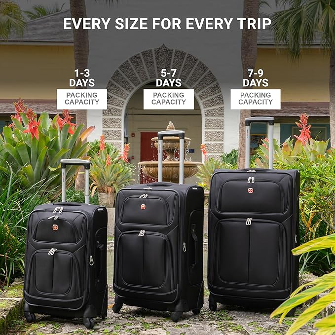 SWISSGEAR Sion Softside Expandable Spinner Luggage Durable Lightweight Travel Suitcase, Black, 3-Piece Set (21/25/29)