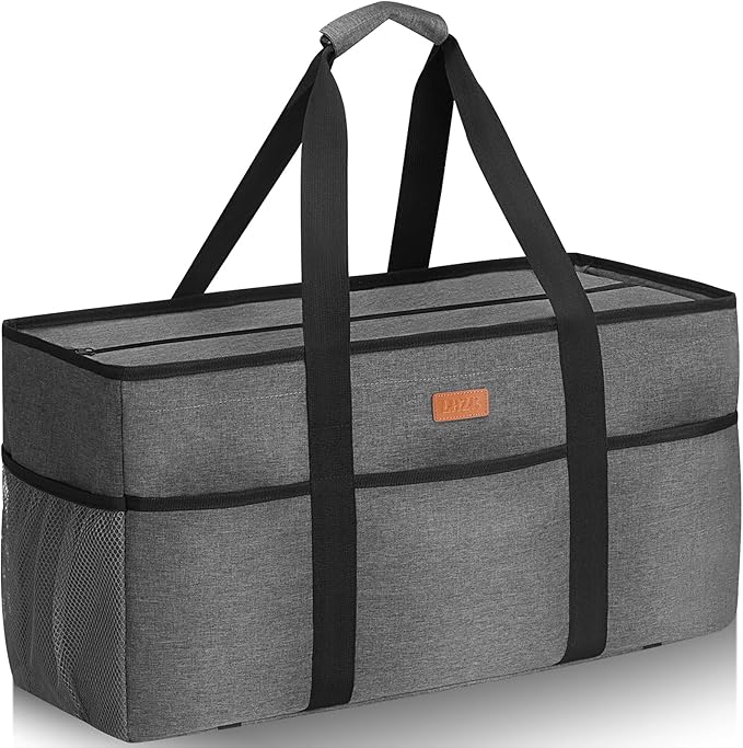 LHZK Stand Up Extra Large Utility Tote Bag with Lid, Utility Tote Bag with Metal Wire Frame and the Sides Rinforced, Reusable Grocery Bags Foldable, Beach Bag, Car Tote (Gray)