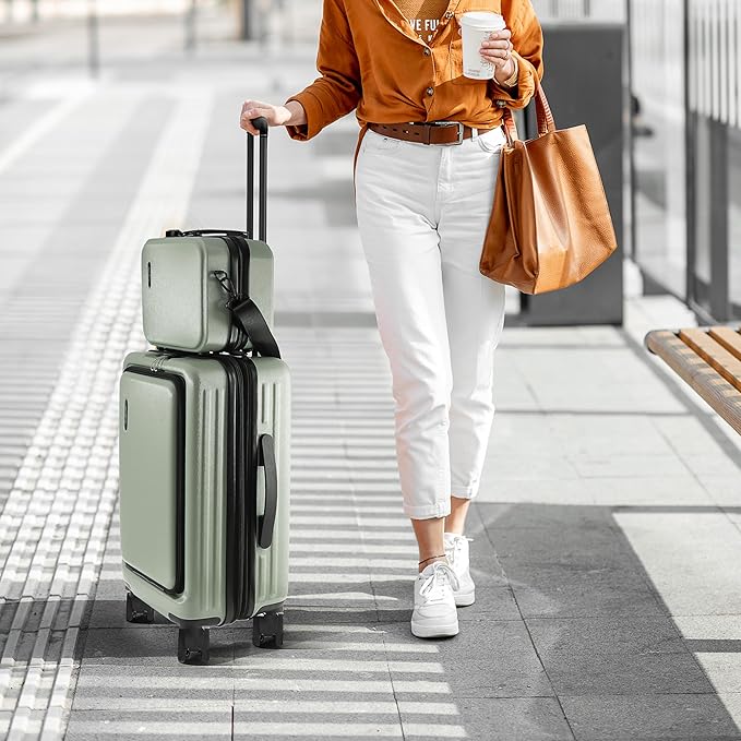 22 Inch Carry On Luggage 22x14x9 Airline Approved, Small Carry On Suitcase, Hard-shell Carry-on Luggage with Wheels, Durable Expandable Sage Green Luggage Carry-On with Cosmetic Case