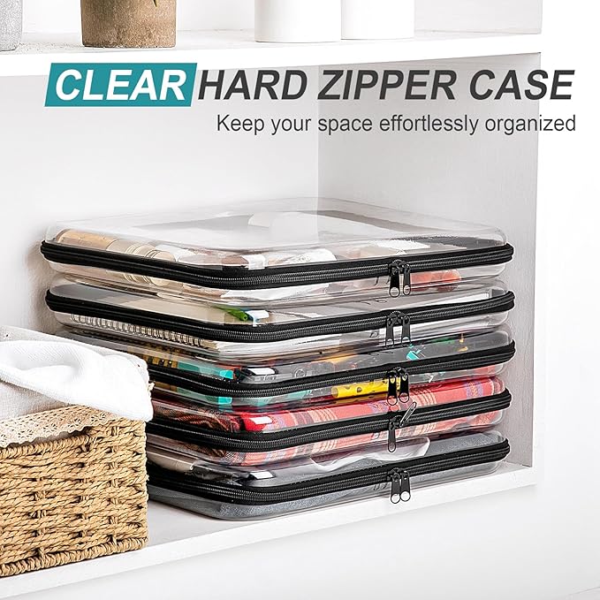 Sanwuta 6 Pcs Clear Hard Zipper Case Plastic Zipper Pouches Transparent Makeup Bag Pencil Case Pouches Toiletry Diaper Bag for Travel Toy Storage Organizer Bins(Black,13.78 x 11.81 x 2 Inch)