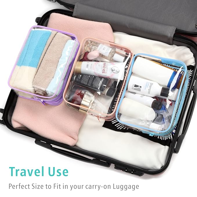 F-color TSA Approved Toiletry Bag 3 Pack Medium - Clear Makeup Bag Travel Quart Size for Women Men, Clear Cosmetic Bag Airport Airline Compliant Carry on Bag, Macaron Blue Purple Pink