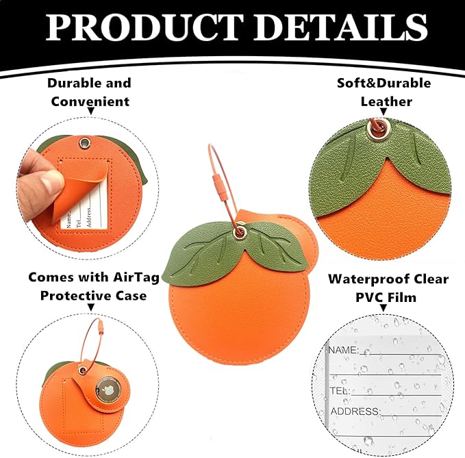 Cute Leather Luggage Tag Holder with Airtag Case Set,Hidden Compartment for AirTag Travel Suitcase Tracking Case with Stainless Steel Loop,Name ID Label(Persimmon)