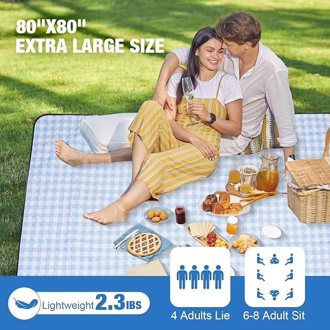 G GOOD GAIN Picnic Blankets Outdoor Extra Large - 80"x80" Portable Waterproof Picnic Blanket, Machine Washable 3-Layer Foldable Park Mat with Sandproof Backing for Grass, Hiking, Travel (Sky Blue)