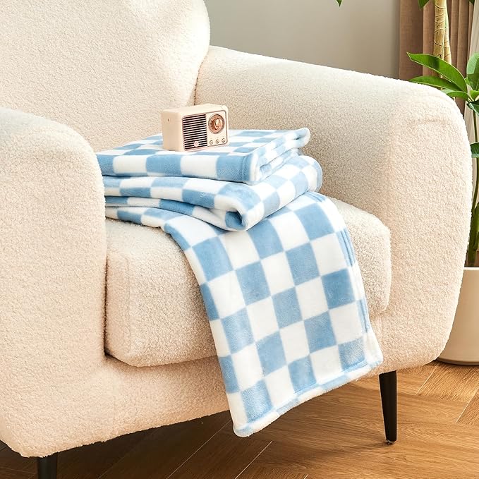 Checkered Blanket Flannel Throw Blankets Soft Cozy Checkered Grid Print Chessboard Gingham Pattern Throws for Bed Sofa Couch for All Seasons, 60x80 Inch, Blue