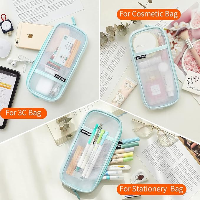 EASTHILL Grid Mesh Pen Pencil Case with Zipper Clear Makeup Color Pouch Cosmetics Bag Multi-Purpose Travel School Teen Girls and Boys Transparent Stationary Bag Office Organizer Box for Adluts(Green)
