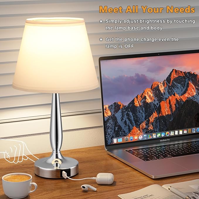 Kakanuo Touch Table Lamp for Bedroom, Small Bedside Lamp with USB C Charging Port, 3 Way Dimmable Touch Control Nightstand Lamp for Living Room and Office, White Shade and Silver Base