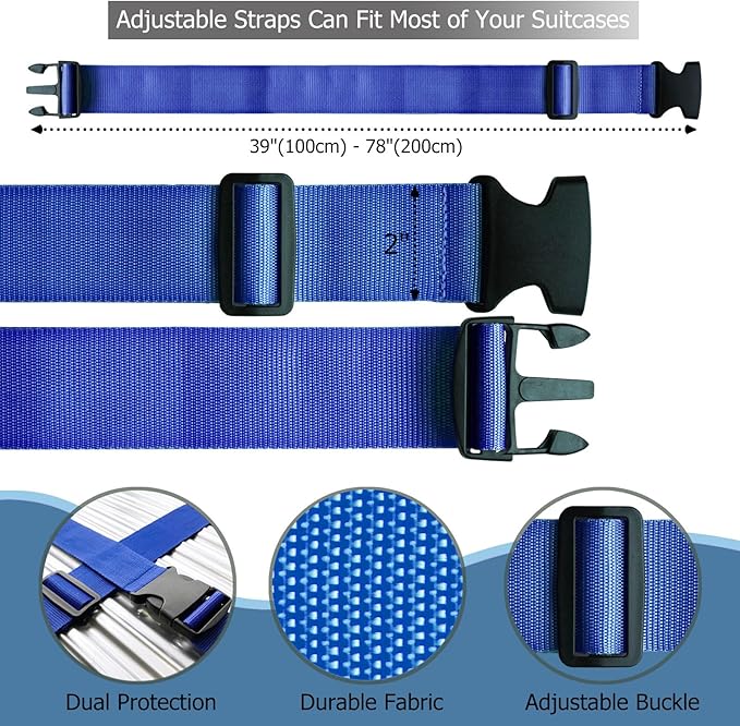 2 PCS Luggage Strap 78" x 2" Suitcase Belts Wide Adjustable Packing Straps Travel Accessories, Dark Blue