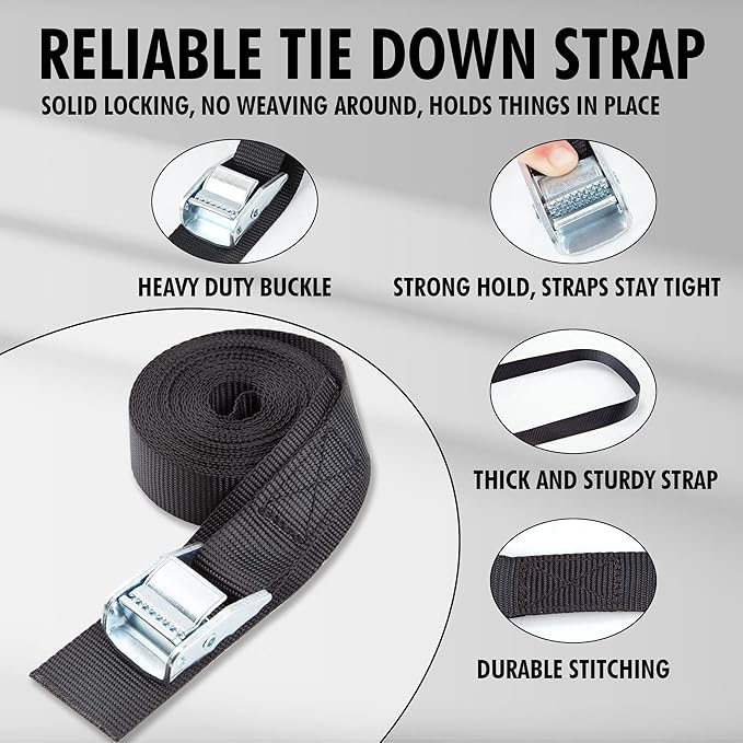 Cartman 1" x 15'Lashing Straps with Adjustable Cam Buckle Cargo Tie Down with Protective Pad, 4 Pack, Black