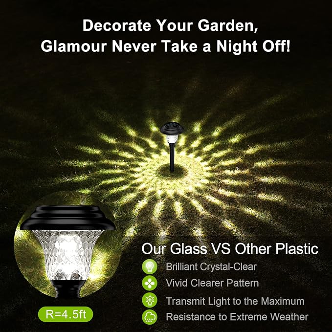 Glass Solar Lights Outdoor waterproof, 4 Pack Super Bright Solar Pathway Lights, Up to 12 Hrs Long Last Auto On/Off Garden Lights Solar Powered, Stainless Steel LED Light For Yard Landscape Cool White