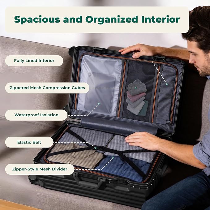 20 Inch Carry On Luggage, Aluminum Frame Zipperless Luggage, Hard Shell Suitcase with Charging Port, Cup Holder, TSA Lock, Phone Holder for Travel and Business Travel