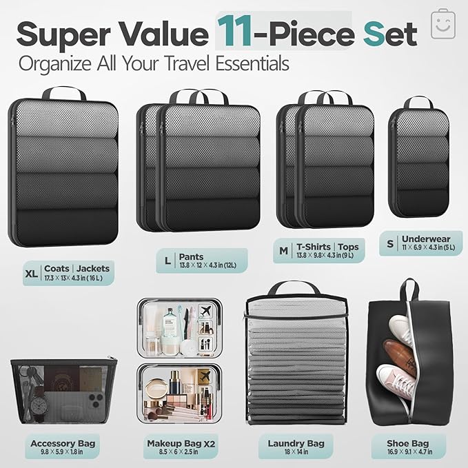 Veken 11 Set Compression Packing Cubes for Travel Essentials,Compressible Expandable Large Luggage Suitcase Organizer Bags for Clothing,Durable Space Saver Storage Bags with Toiletry Bags(Black)