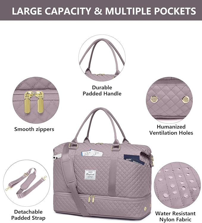 Women Weekender Travel Duffle Bag: Travel Duffel Overnight Bags with Shoe Compartment Carry on Tote Bags Toiletry Bag Weekend Yoga Gym Hospital Bags for Labor and Delivery with Wet Pocket Purple Grey