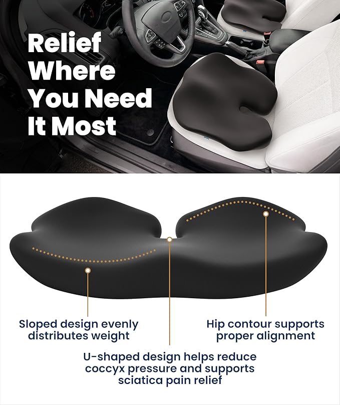 Everlasting Comfort Car Seat Cushion for Driving - Orthopedic Car Cushion for Office, Travel, Gaming Chair Memory Foam Driver Booster for Short People, Non-Slip, Washable Cover, Back & Sciatica Relief