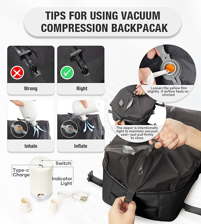 VECAVE Vacuum Travel Backpack with Pump for Women, Personal Item Carry on Backpacks Flight Approved for Men,Laptop Waterproof Work Compression bags Casual Daypack(Black)