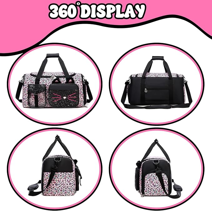Kids Duffle Bag Girls Travel Bag Gifts for Girls Cat Gymnastics Dance Bags for Kids Overnight Sleepover Bags for Girl with Shoes Compartment