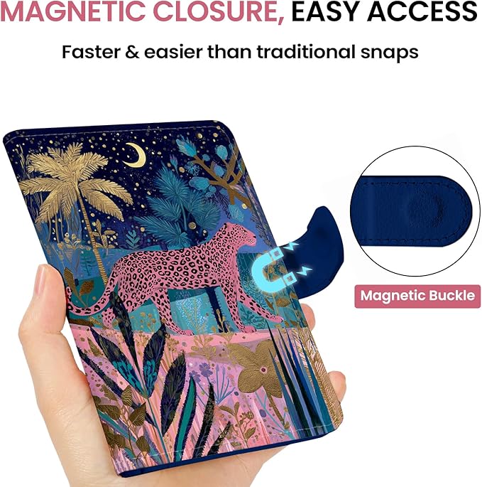 Passport Holder for Travel Essentials, RFID Blocking Leather Cover Wallet with Magnetic Closure, Aesthetic & Cute Passport Book Case for Women and Men - Cheetah