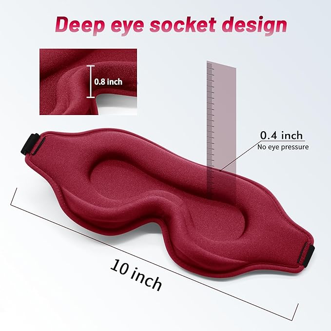 Sleep Eye Mask for Men Women, Sleeping Mask for Side Sleeper, Travel Blackout Night Blindfold Eye Shade Cover with Adjustable Strap (Red-3D)