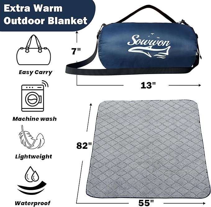 Waterproof Outdoor Blanket 82”X 55” Packable, Stadium Blankets for Camping with Sherpa Fleece Lining, Large Windproof Emergency Mat for Garss Picnic Hiking Road Trip, Machine Washable, Navy 300GSM