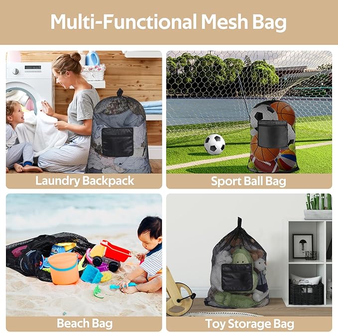 OTraki Mesh Laundry Bags 36 x 28 Inch Extra Large Travel Laundry Bag Backpack Heavy Duty Drawstring Dirty Clothes Laundry Mesh Wash Bag with Shoulder Straps Don't Drying, Melting 140-176℉ Black
