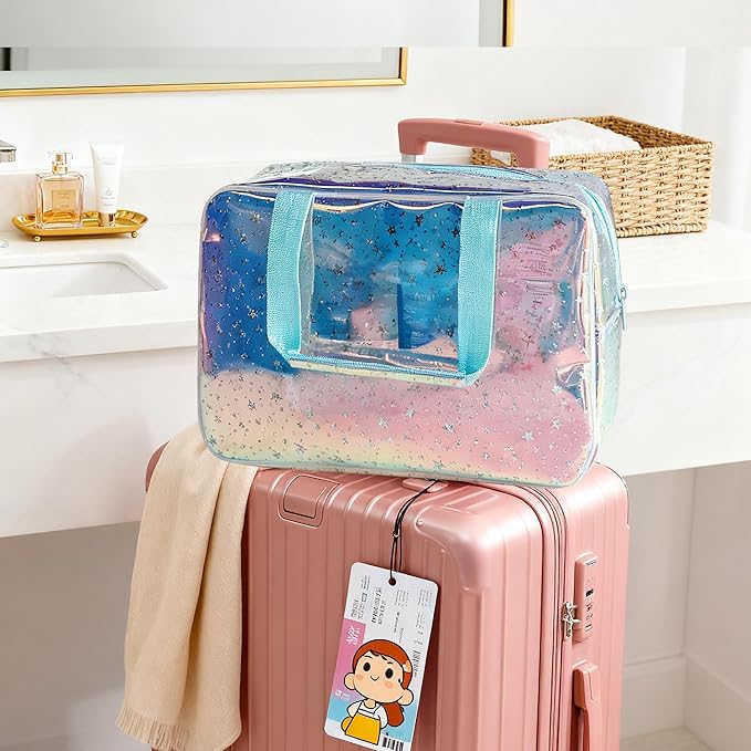 Holographic Purple Star Large Cosmetic Bag and Travel Pouch with Handle,Durable Material,Zipper Design-Ideal for Makeup,Travel Essentials (Purple Handle)
