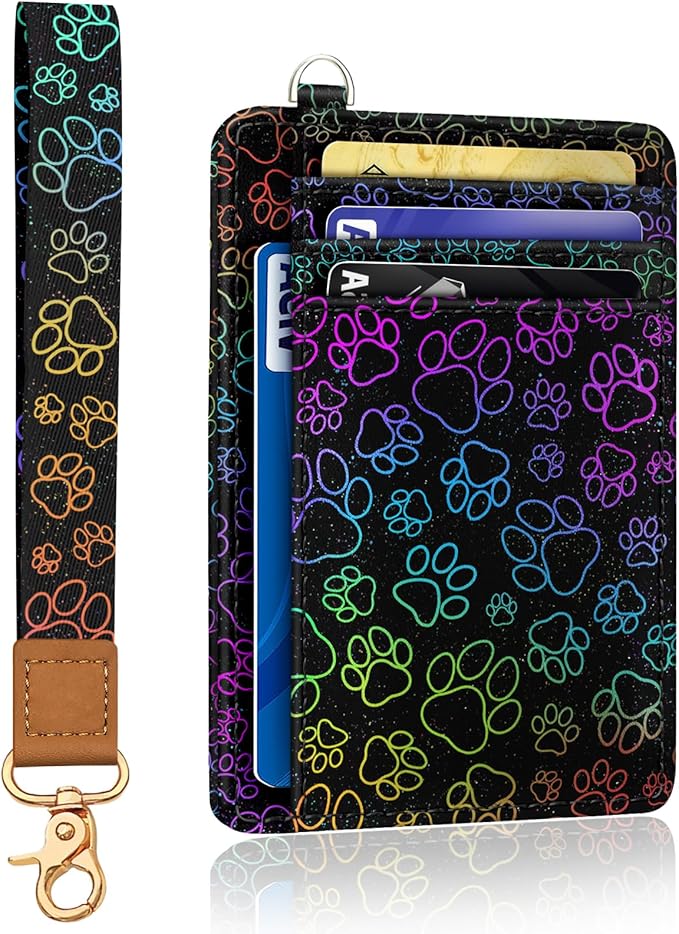 Yonlevres Dog Paw Credit Card Holder Slim Wallet, RFID Wallet Women Front Pocket Wristlet Lanyard, Small Card Holder Travel Funny Cute Thin Card Case ID Window PU Leather Card Organizer Gifts Girls