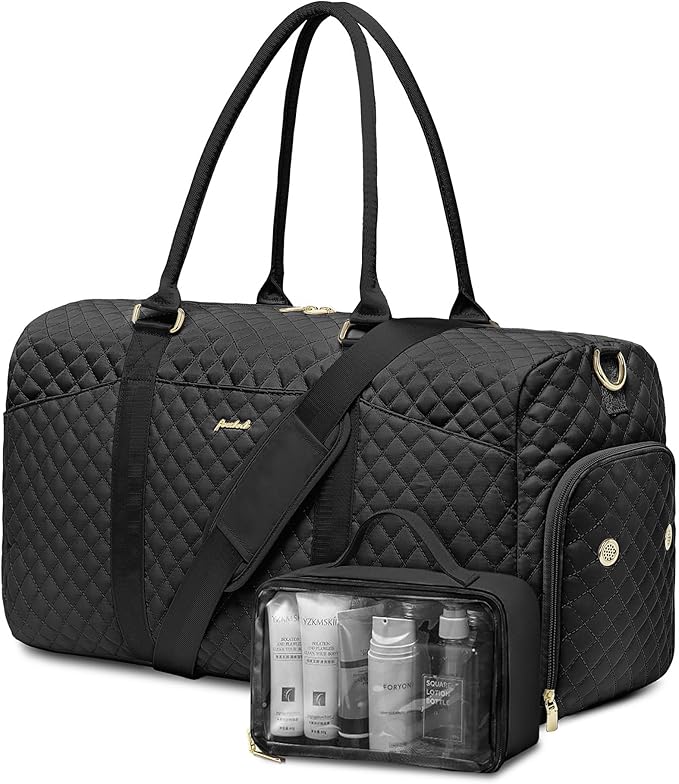 Travel Duffle Bag for Women - Weekender Bags with Shoe Compartment Large Carry on Overnight Tote Bag with Toiletry Bag Traveling Yoga Gym Bags with Wet Pocket Mommy Hospital Bag Black