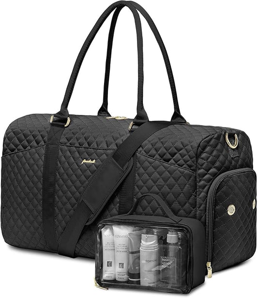Travel Duffle Bag for Women - Weekender Bags with Shoe Compartment Large Carry on Overnight Tote Bag with Toiletry Bag Traveling Yoga Gym Bags with Wet Pocket Mommy Hospital Bag Black