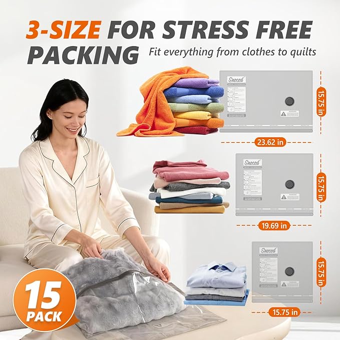 15 Pack Vacuum Storage Bags with -70KPa Electric Pump, Premium Tear-Resistant Reusable Bags for Clothing, Space Saving Essentials for Travel, White