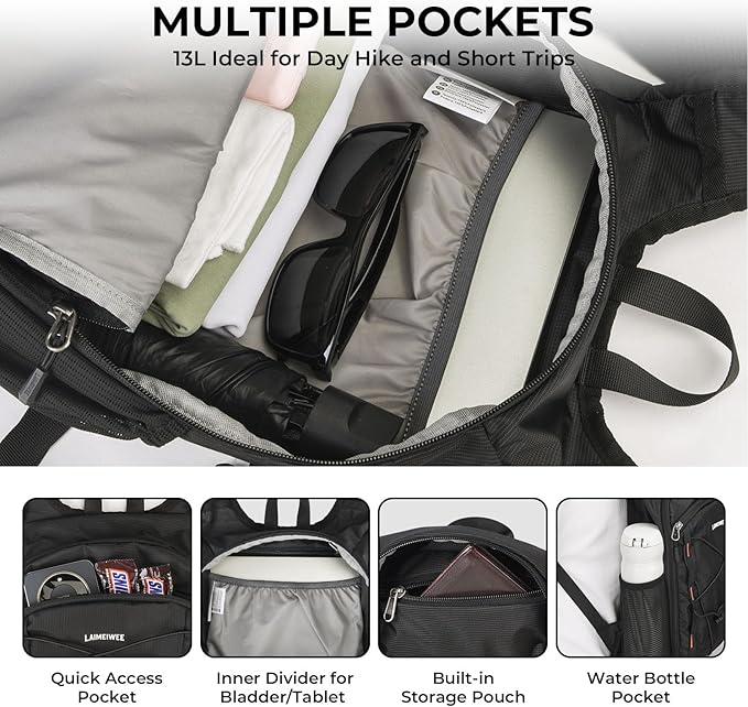 13L Small Hiking Backpack for Women Men, Lightweight Foldable Day pack, Packable Daypack for Travel, Camping (Black)