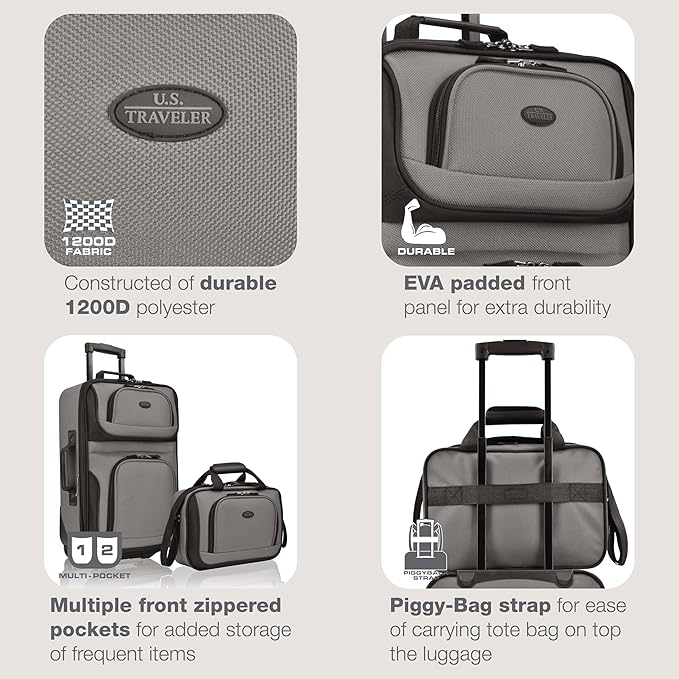 U.S. Traveler Rio Lightweight Softside Rolling Carry-on Suitcase, 2-Wheel Set, Grey