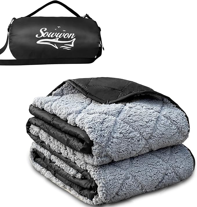 Waterproof Outdoor Blanket 62”X 51” Packable, Stadium Blankets for Camping with Sherpa Fleece Lining, Large Windproof Emergency Throw for Garss Picnic Hiking Road Trip, Machine Washable, Black 300GSM