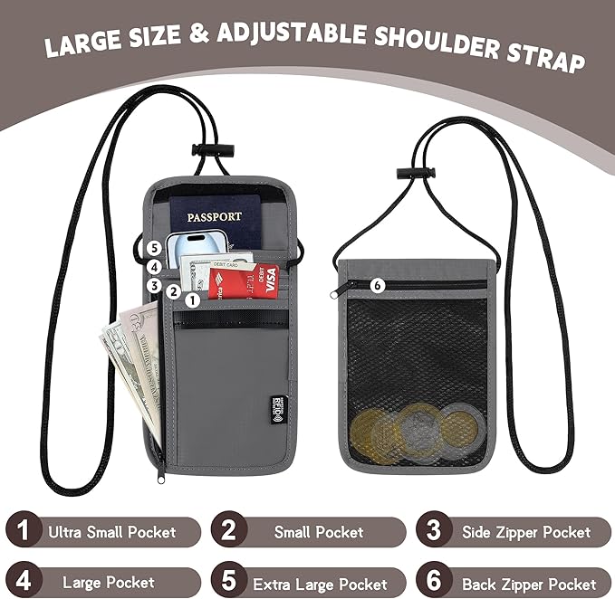 Likesing 5.5" L x 7.9" W Travel Neck Wallet, RFID Blocking Passport Holder, Security Lightweight Passport Travel Wallet, Neck Pouch Gifts for Women Men(Grey)