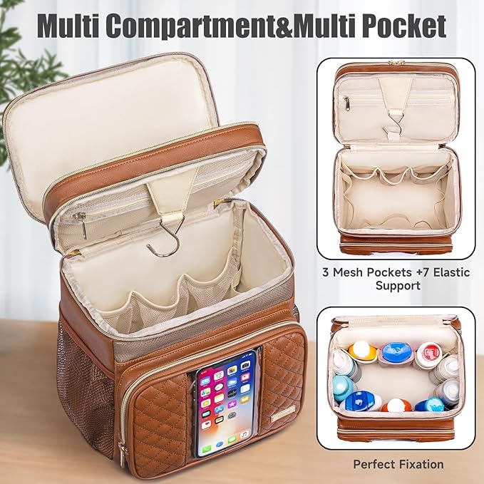 Large Leather Toiletry Bag for Women Men,Bathroom Bag,Water Resistant Shower Bag,Makeup Bag,Portable Shower Caddy for College Dorm,Hanging Travel Toiletry Bag with Transparent Waterproof Phone Pocket