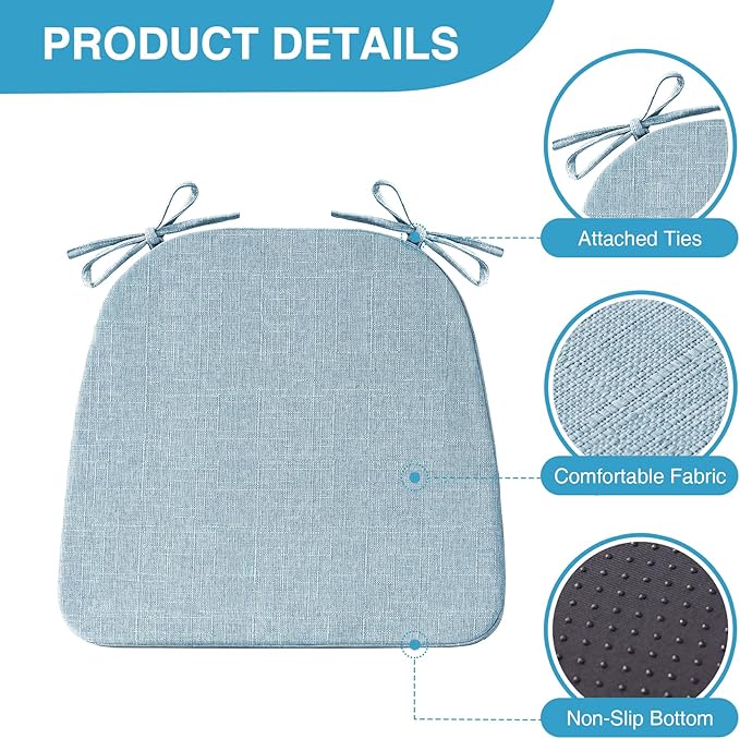 Chair Cushions for Dining Chairs Set of 6, Non Slip Kitchen Chair Pads, 17" x 16" x 2", Indoor Dining Chair Cushions with Ties, D-Shaped Seat Cushions for Kitchen Chairs, Light Blue
