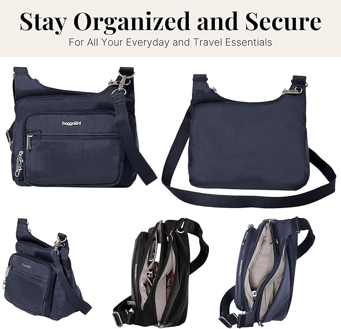 Baggallini Securtex Anti-theft Crossover Crossbody Bag 11”w X 8.5”h, Rfid, Built-in Wallet, Locking Zippers