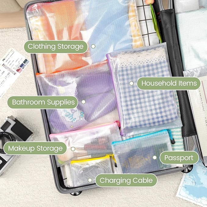 Smarpau 8pcs Zipper Pouch, 8 Sizes 8 Colors Plastic Zipper Bags for Organizing, Multipurpose Waterproof Zip Document Pouches for Office, Travel, Board Game Storage
