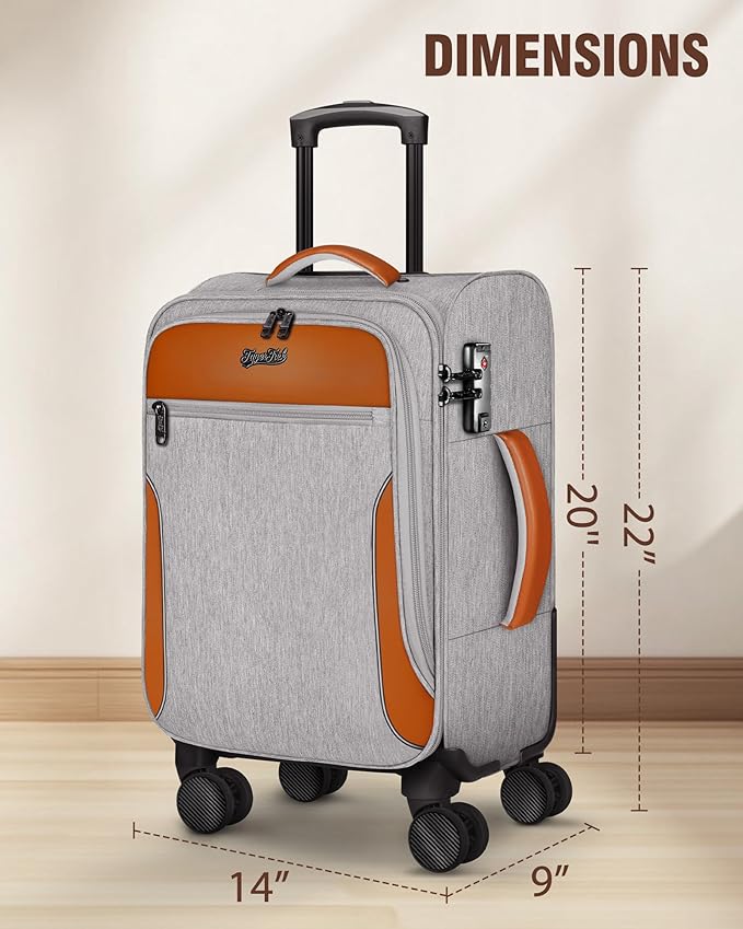 Carry On Luggage 22x14x9 Airline Approved, 20 Inch Softside Suitcase with 4 Pcs, Lightweight Luggage for Women Men with TSA Lock and 4 Spinner Wheels, Soft Side Carry-on Suitcases for Travel, Grey